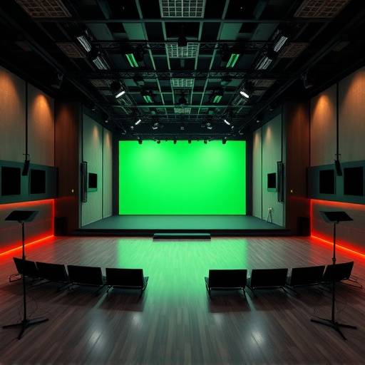 Interior of Studio A, a spacious sound stage with lighting grids and green screen.