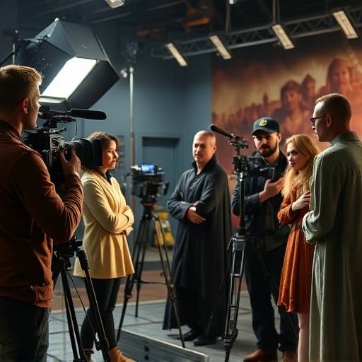 On-set filming, with a camera crew capturing a scene with actors in costume.